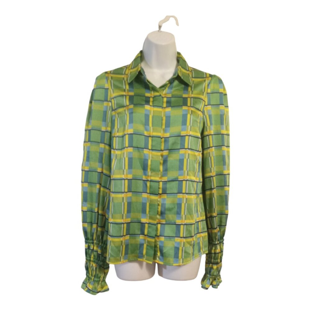 Alexis Women's Catina Puff Sleeve Blouse in Green Checker S
